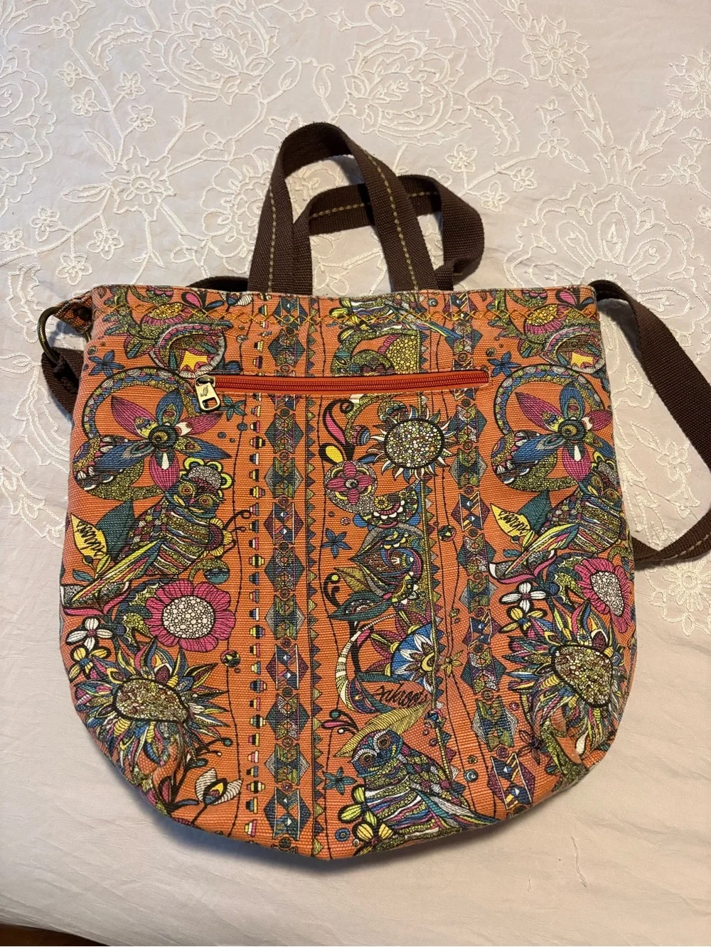 Sakroots Orange Floral & Bird Crossbody Tote